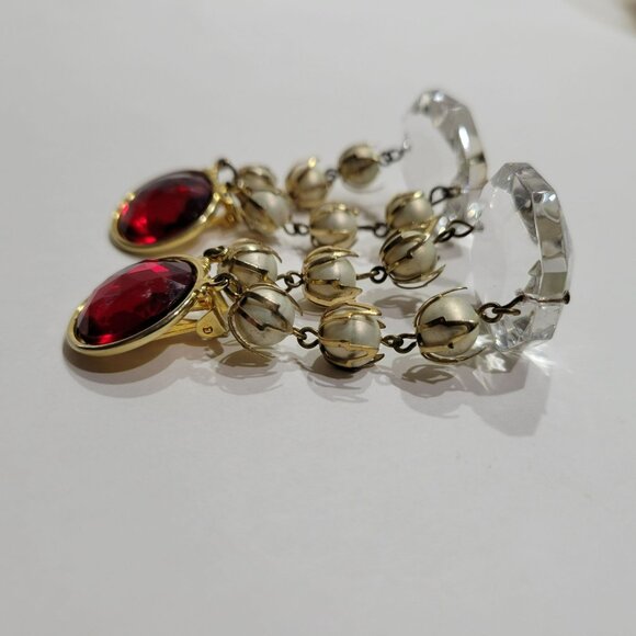 Vintage Clip-On Chandelier Earrings Red Gem Faux Pearl Accents & Crystal Drops - Picture 12 of 16